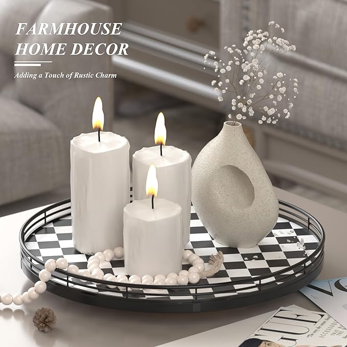 Black and White Kitchen Lazy Susan Turntable – Checkered Round Decorative Tray, 13” Table Top Oak Wood Lazy Susan for Cookies