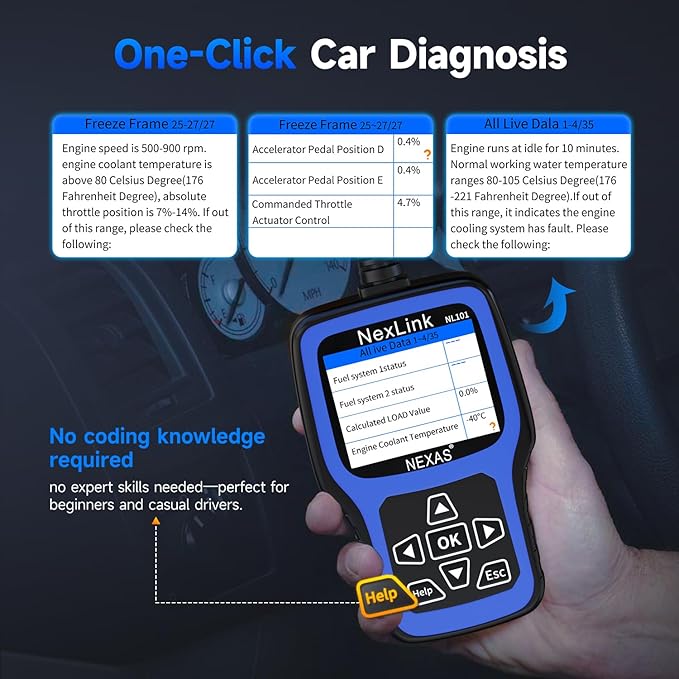 NEXAS NL101 OBD2 Scanner with Battery Tester - Check Engine Code Reader, Car Diagnostic Scanner with Live Data, Freeze Frame,