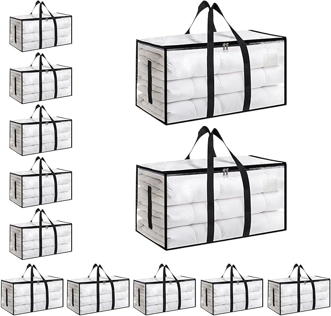 12 Pack-Extra Large Heavy Duty Moving Bags - Waterproof Storage Totes with Handles & Zippers, Foldable for College Dorm, Stor
