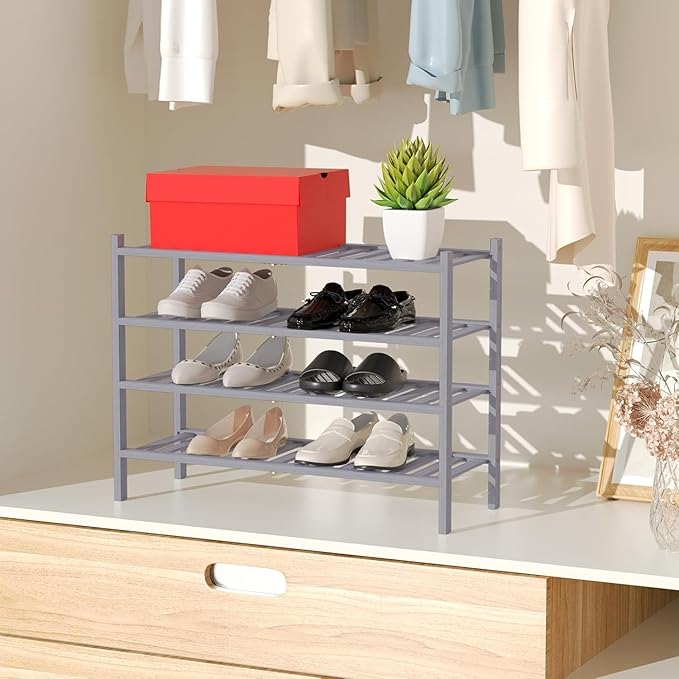 RONGJlA 4 Tier Bamboo Shoe Rack for Closet Free Standing Wood Shoe Shelf Storage Organizer for Entryway Small Space Stackable