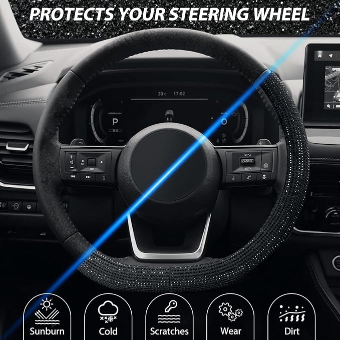 SEG Direct Diamond Flat Bottom Steering Wheel Cover, D Shaped Car Wheel Cover 14 1/2-15 in. (37-39 cm), Bling Sparkly Rhinest