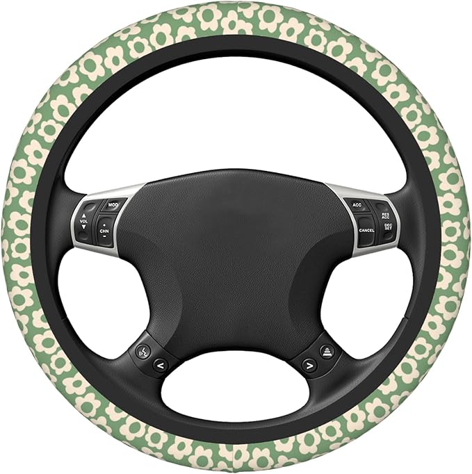 Vintage Groovy Flowers Steering Wheel Cover Cute Universal 15 Inch Car Accessories Protector for Women Fit Auto SUV Sedan Van