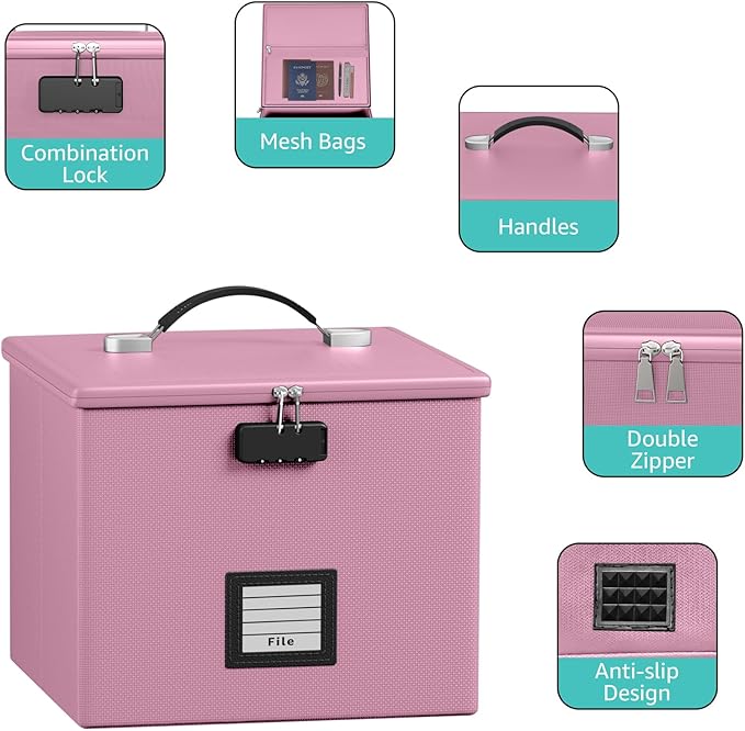 Pink Fire Proof File Box for Documents - Portable Fireproof Document Organizer Box with Handle Waterproof Safe Locking Folder