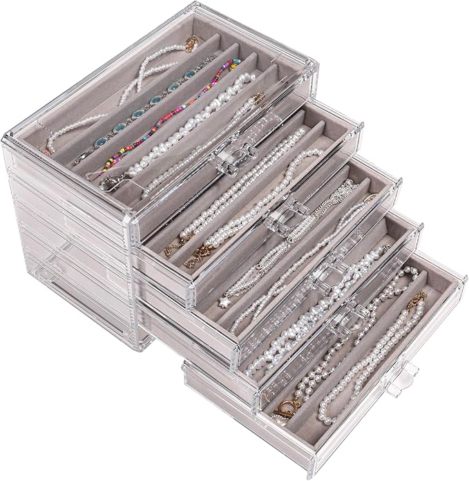 5 Drawerss Necklace Organizer Box, Tray with Clear Lid, Dustproof Velvet Necklaces Holder Storage Display Case, Gery Necklace