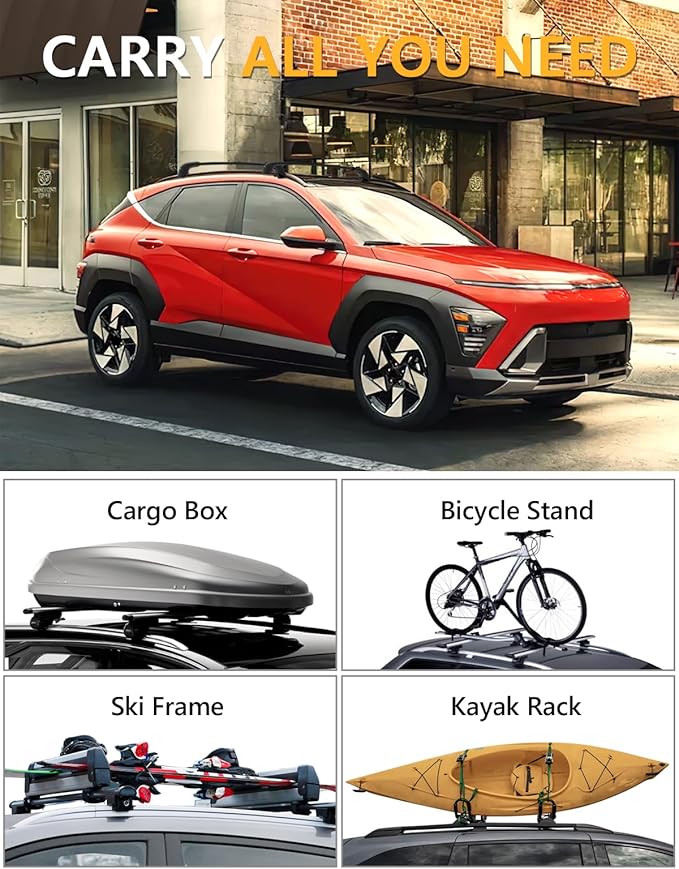 Tuyoung 220lbs Roof Rack Cross Bars Compatible with 2024 2025 2026 Hyundai Kona & Kona Electric, Lockable Heavy Duty Aluminum Roof Rails Crossbars Black Rooftop Cargo Carrier Luggage