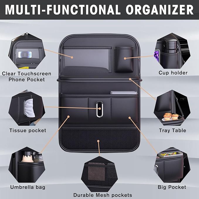 Leather Car Backseat Organizer with Tablet Holder, Kick Mats Back Seat Protector with Touch Screen Phone Holder, Car Seat Organizer Travel Accessories (1)