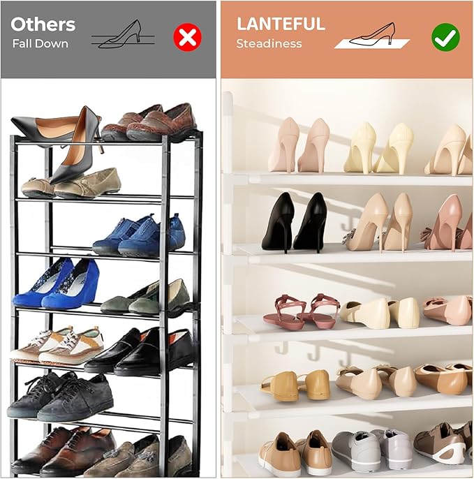 LANTEFUL Tall Shoe Rack 10 Tier Shoe Organizer Large Shoe Shelf with 18 Hooks Storage for 50 Pair Sneaker and Boot, Stackable