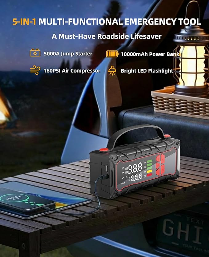 5000A Car Battery Jump Starter with Air Compressor 160PSI, Jumper Starter Portable for 7.0L Gas/6.0L Diesel, Jump Box for Car Battery with Tire Inflator & Power Bank& Jumper Cables, Emergency Kit
