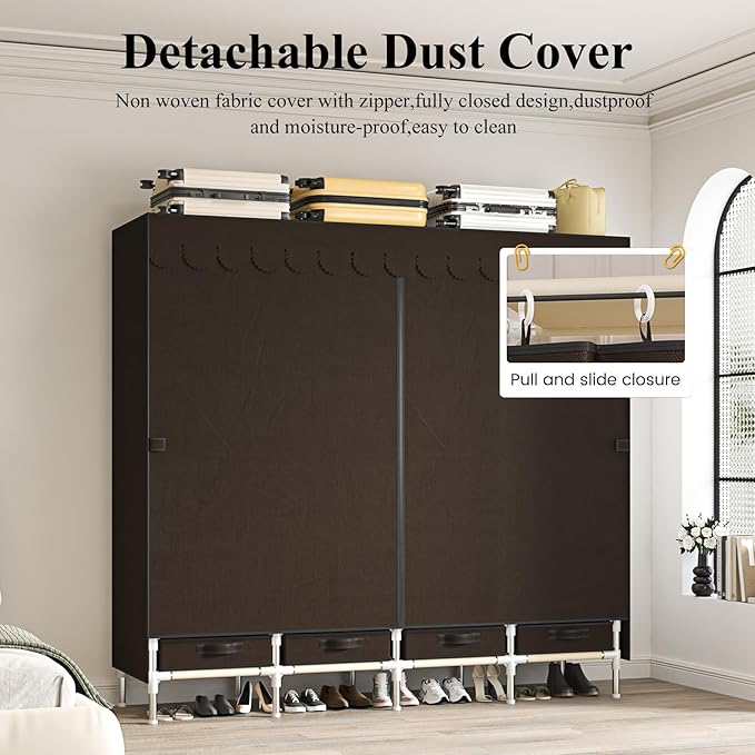 Portable Wardrobe with 4 Drawers, 4 Hanging Rods - 67" Tall Sweater Organizer, Sturdy Easy Temporary Bedroom Wardrobe Organiz