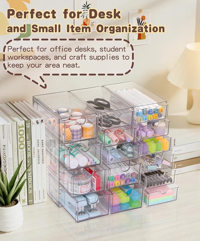 VZKAH Clear Acrylic Organizer with Drawers | 15-Drawer Desktop Unit | Makeup & Desk Organization and Storage Box for Office, 