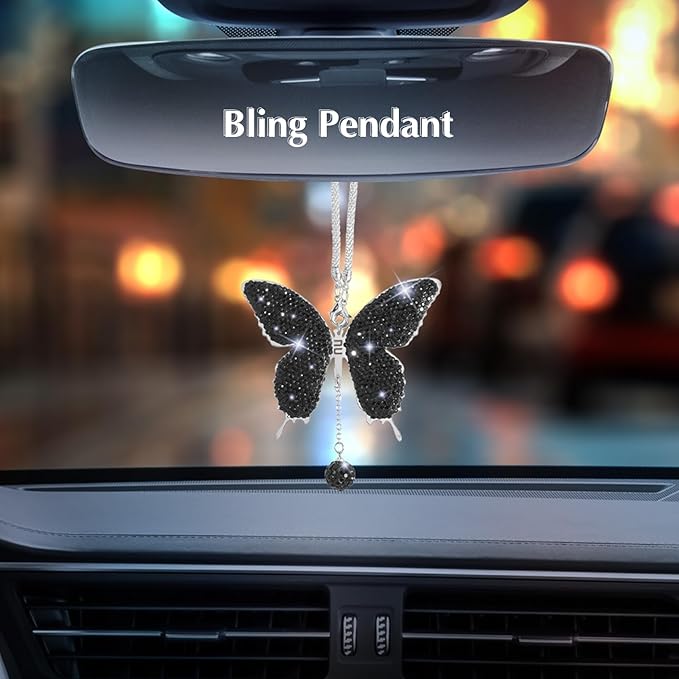 ARTILAURA 11 PCS Bling Car Accessories Set for Women Steering Wheel Covers Butterfly Hanging Seat Belt Cover Air Vent Clips Coasters Cute Glitter Diamond AUTO Accessories Kit (Black)