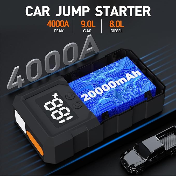 Jump Starter 4000A Peak, Portable Car Battery Jump Starter for 9L Gas 8L Diesel Engines, Power Pack with LED Flashlight, USB