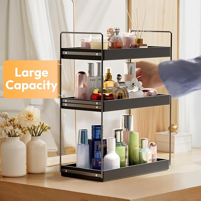 Bathroom Countertop Organizer, 3 Tier Metal Vanity Counter Skincare Shelf, Matte Black Under Sink Standing Rack With Acrylic 
