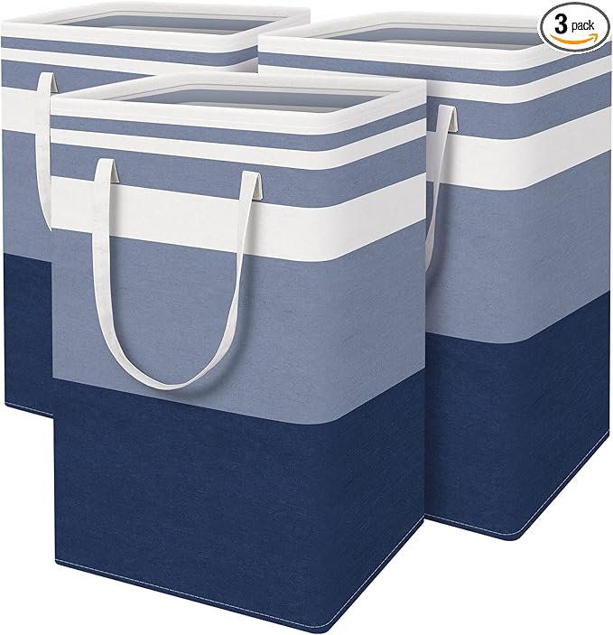 BlissTotes 3-Pack Laundry Basket, Freestanding＆Waterproof Laundry Hamper, Collapsible Tall Clothes Hamper with Easy Carry Han