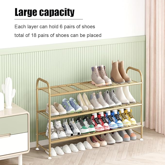 LINZINAR Shoe Rack Long 3 Tier Shoe Storage Organizer Metal Wide Shoe Shelf for Closet Entryway Bedroom 24 Paris Large Capaci
