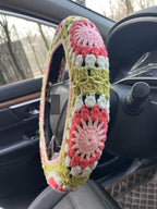 Crochet Sunflower Car Steering Wheel Covers Universal 14-15 inch for Women/Men (A:Wheel Cover+2 Belt Cover)