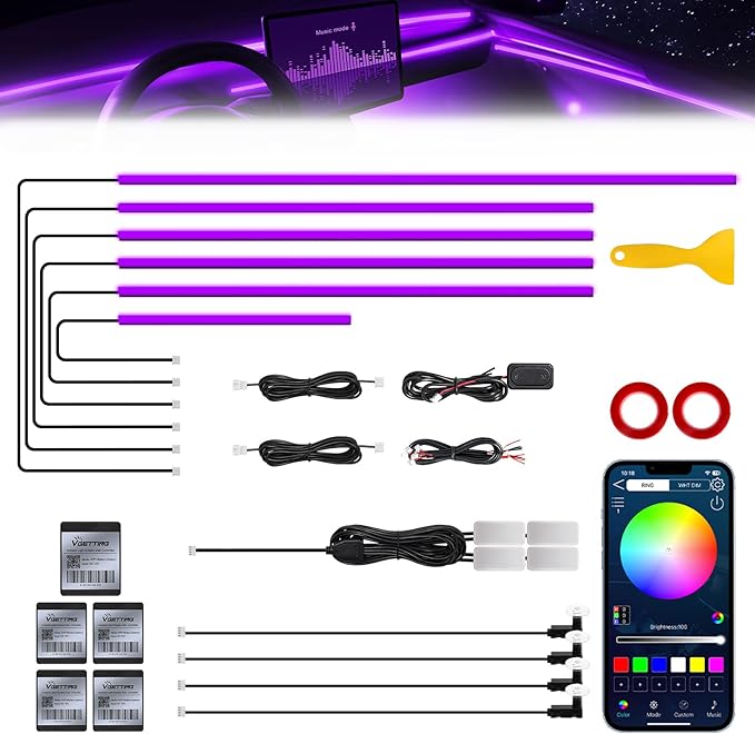 RGB Acrylic Interior Car LED Strip Light with Wireless APP, 14 in 1 with 175 inches 593 LEDs Neon LED Strip Light, 16 Million Colors Dynamic Music Sync Car Ambient Lighting Kits
