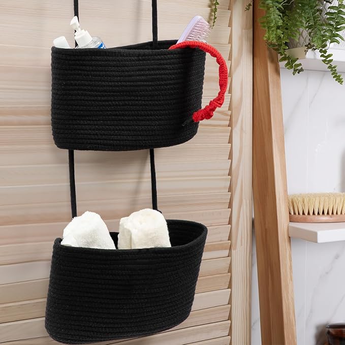 TeoKJ Over the Door Hanging Basket, 3-Tier Woven Cotton Wall-Mounted Storage Organizer Bag Decorative Hanging Nursery Baskets