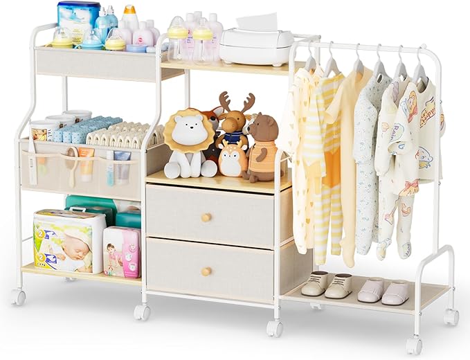 BBLIKE Diaper Caddy Organizer with Hanging Rack - 3 Tier Rolling Utility Cart with Drawers and Dividers for Baby Bottle Stora