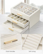 VLANDO Jewelry Box for Women, Glass Lid Jewelry Organizer with 3 Drawers for Necklaces Rings Earrings Bracelets Mother Day Gi