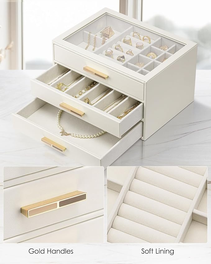 VLANDO Jewelry Box for Women, Glass Lid Jewelry Organizer with 3 Drawers for Necklaces Rings Earrings Bracelets Mother Day Gi