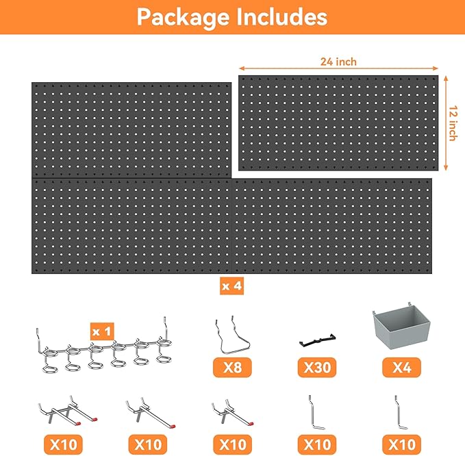 WALMANN Metal Pegboard Kit with Accessories for Wall, Garage Tools Storage Pegboard System for Garage, Workbench, Modular Peg