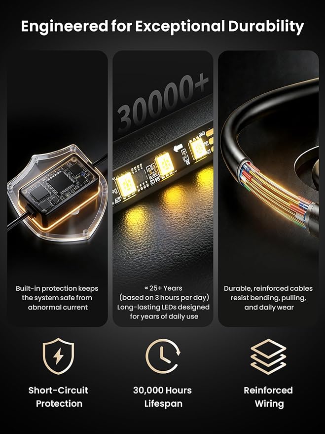 Car LED Lights Interior, 16M Colors APP & CarPlay Control, Music Sync Ambient Lighting Kit, Auto-On/Off，Voltage Protection, Brightness Dimmer 12V DC LED Strip Lights for Car, Truck, SUV