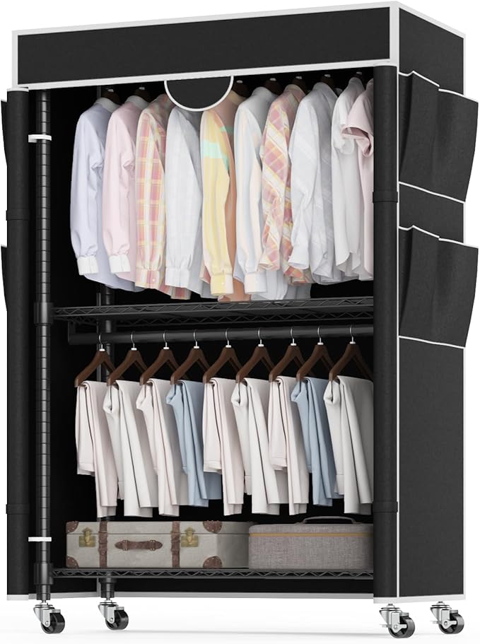 Homdox Garment Rack with Cover, Heavy Duty Clothing Rack for Hanging Clothes, Portable Closet Wardrobe, Double Rods Garment R