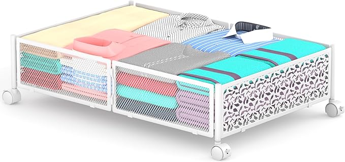 Under Bed Storage With Wheels - 60L Foldable Pattern Carved Metal Container, Rolling Underbed for Shoes, Clothes, Blankets - 