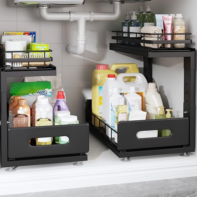 Under Sink Organizer Upgrade To Professional Rails,2-Tier Dual Pull Out Cabinet Storage,Height Adjustable Slide Out Drawers F