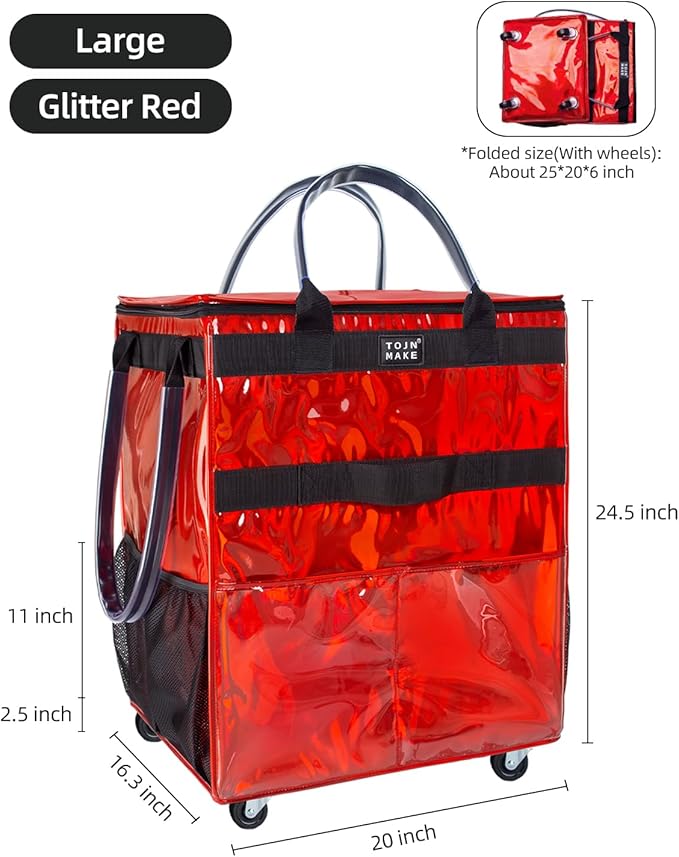 Reusable Grocery Bag with Wheels (Large, Glitter Red), Rolling Shopping Bag with 8 Pockets and Zipper Cover Foldable Rolling Tote for Women, Travel, Garden, Carries Up to 76LBS