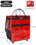 Reusable Grocery Bag with Wheels (Large, Glitter Red), Rolling Shopping Bag with 8 Pockets and Zipper Cover Foldable Rolling Tote for Women, Travel, Garden, Carries Up to 76LBS