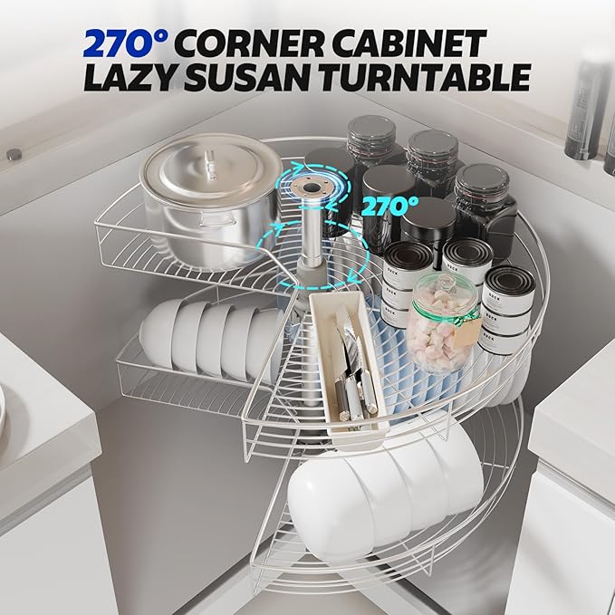 FAHKNS 28" Corner Cabinet Organizer for Kitchen, Fan Shape Lazy Susan Turntable for Cabinet, Stainless Steel 2 Tier Corner Ca