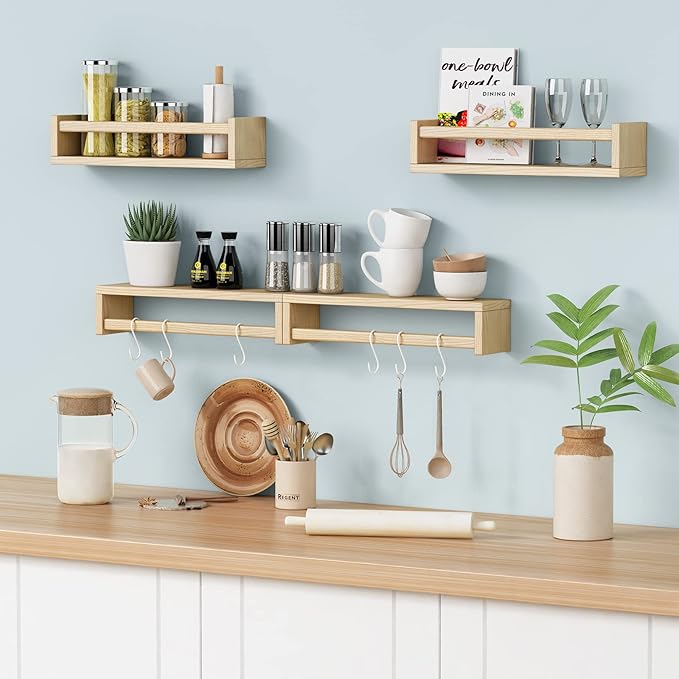 Forbena Natural Wood Nursery Book Shelves Wall Mounted, Floating Bookshelf for Kids Room, Toys and Books Storage Organizer Bo