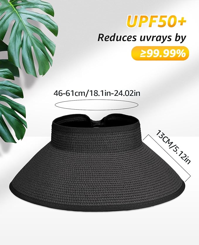 Sun Visor Hat for Women, Wide Brim Straw Summer UV Protection Hat, Foldable Roll-up Packable Beach Cap