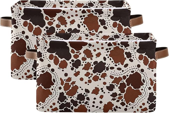xigua Cow Print Storage Basket Collapsible Storage Bins Waterproof Canvas Storage Basket with Leather Handles for Home Closet
