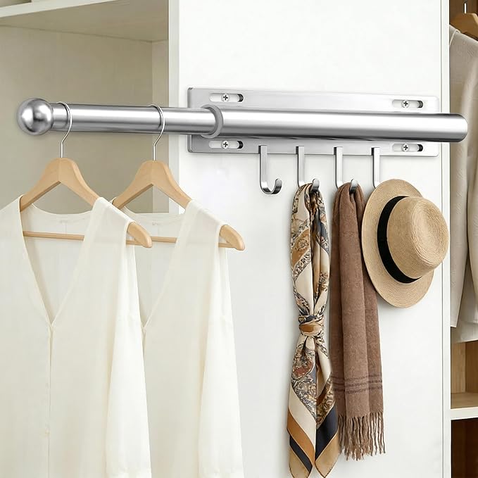 2 Pack Valet Rod for Closet Retractable with 4 Hooks, 13.4"-23.2" Pull Out Clothes Rail, Heavy Duty Alloy Steel Side Mount Wa