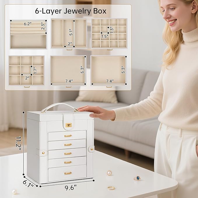 AKOZLIN 6-Tier Jewelry Box Organizer Functional 5 Drawers Leather Jewelry Storage Case for Women Girls Ring Necklace Earring 