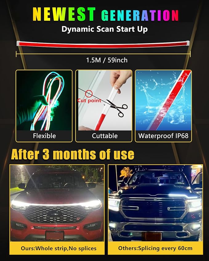 YM E-Bright Car Led Lights Exterior RGB Hood Light Strip Waterproof Multicolor Dynamic Scan Start Up Hoodbeam Kit with Turn Signal Function for Cars,Truck, SUV, APP Remote Control, 12V 59inch