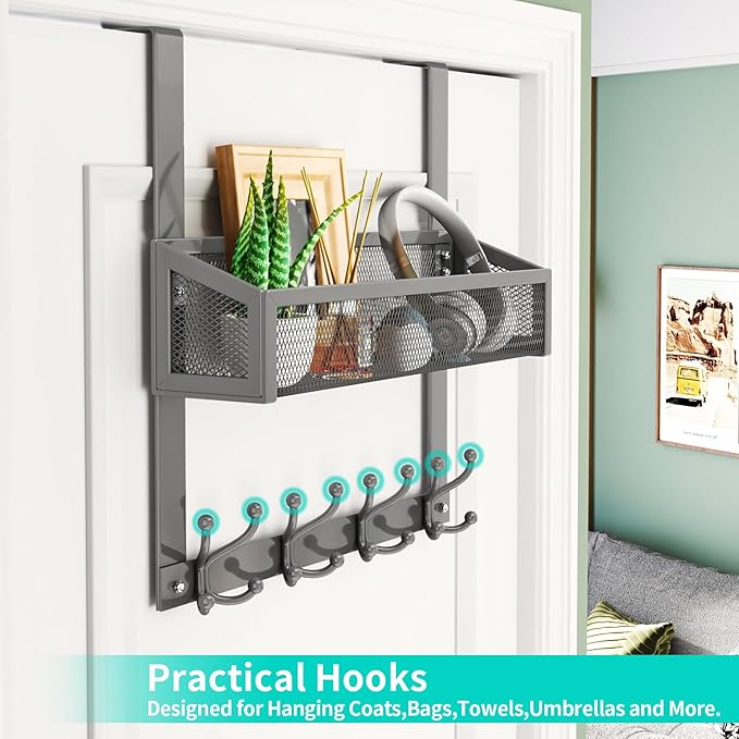 HapiRm Over The Door Hooks - Easy Installation Door Hanger with Basket and 16 Hooks, 304 Stainless Steel Storage Organizer fo