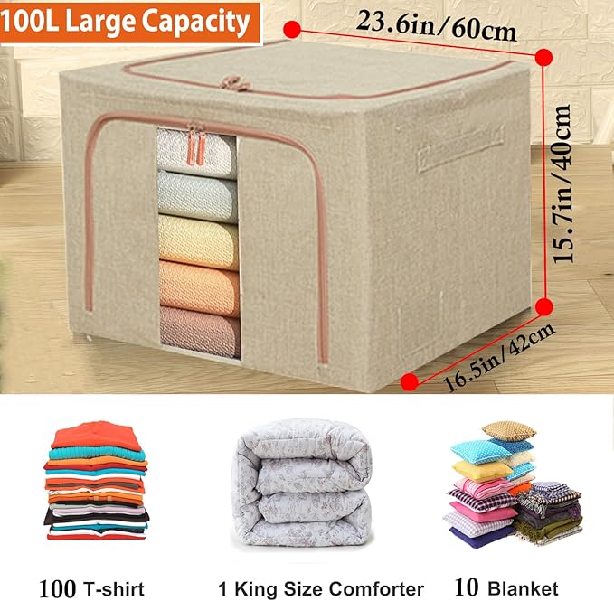 100L Large Storage Bags,Linen Stackable Clothes Storage Bins with Hold Shape Metal Frame,2 Opening Ways Fabric Visible Lidded