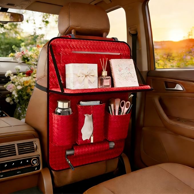 Car Back Seat Organizer, Black Woven Leather Storage Bag, Multifunctional Rear Seat Protector with Tablet Holder, 25.2x17.7 Inches, Red