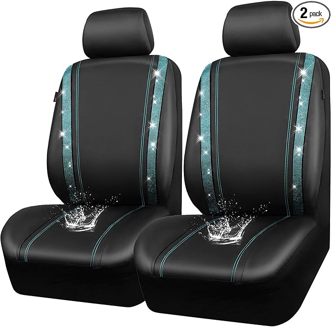 CAR PASS Leather Bling Diamond Car Seat Covers 2 Front Interior Sets, Waterproof Universal Shining Glitter Crystal Sparkle Fit for 95% Automotive Truck SUV Cute Women Girl, Black Mint Rhinestone