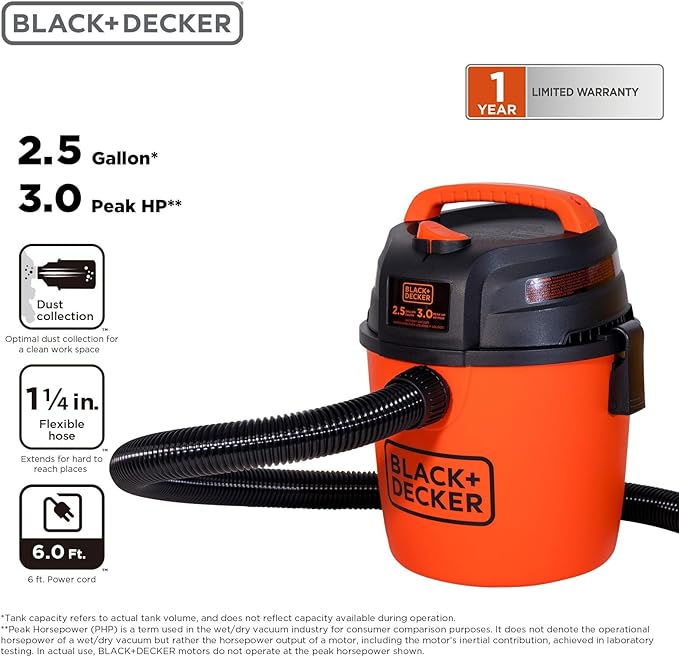 BLACK+DECKER 2.5 Gallon Shop Vac, 3 HP Wet Dry Vacuum with Powerful Suction, Portable for Garage Car and Home Use, Pet Hair C