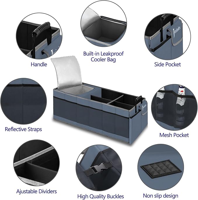 Trunk Organizer with Built-in Insulated Leak Proof Cooler Bag,Collapsible Cargo Organizer for SUV with Non Slip Bottom