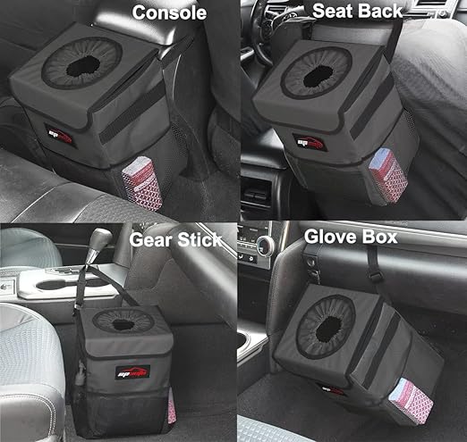 EPAuto Waterproof Car Trash Can with Lid and Storage Pockets, 2.5 Gallon Leakproof, Dark Gray