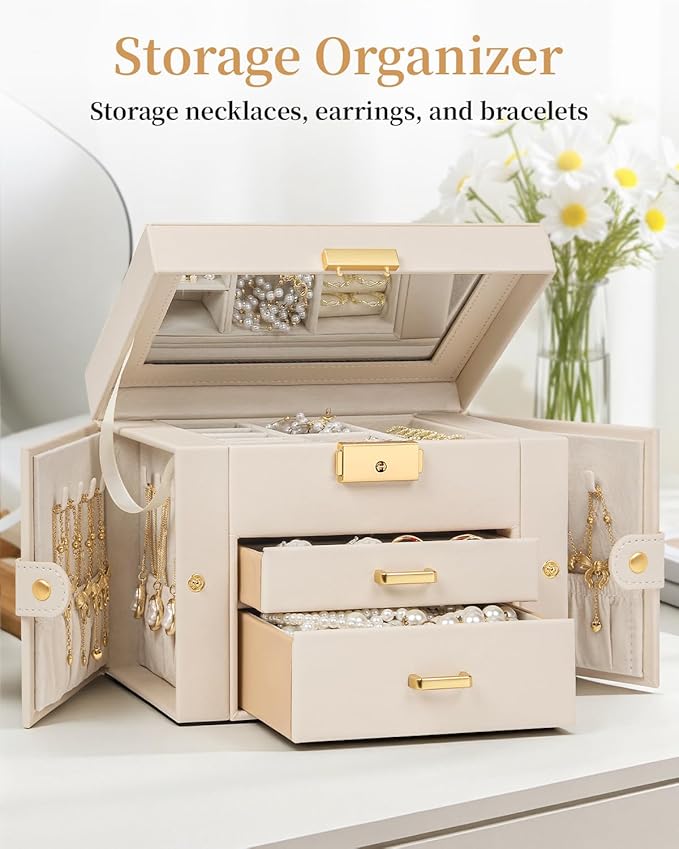 TORIBIO Jewelry Box for Women, Leather Jewelry Organizer with Mirror & Lock, 3-Tier Jewelry Storage Organizer with 2 Drawers 