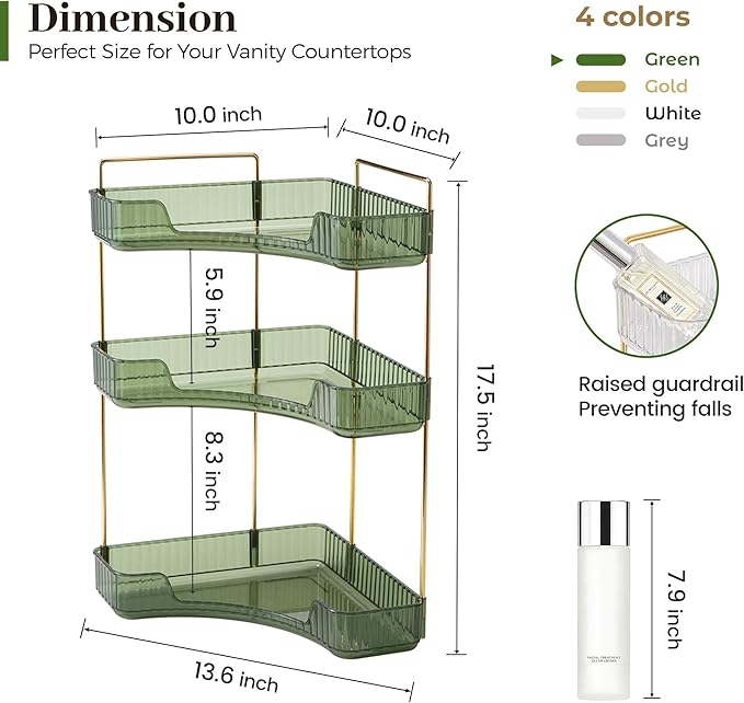 Aveniee Corner Bathroom Counter Organizer, 3 Tier Makeup Perfume Storage for Vanity, Countertop SkinCare Stand Shelf Holder f