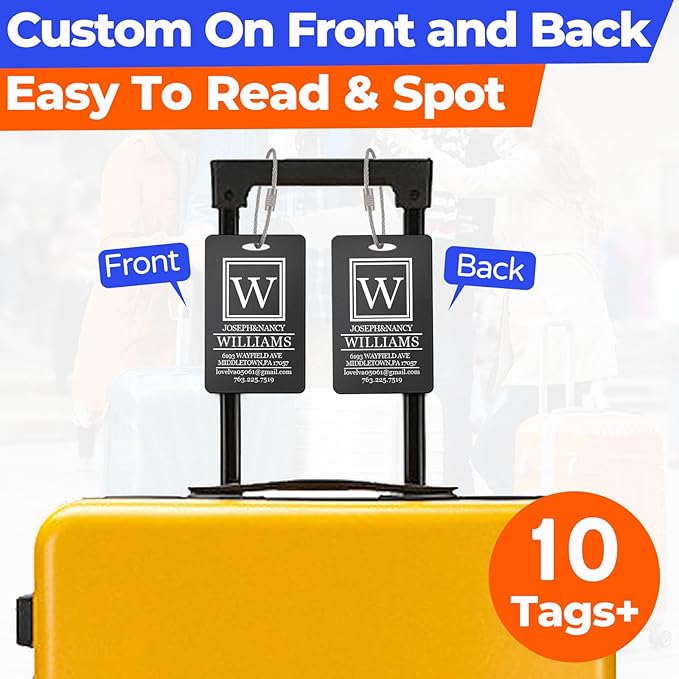 10 PCS Personalized Luggage Tags, Custom Engraved Aluminum Luggage Tags for Family, Metal Luggage Tags for Suitcases, Backpac