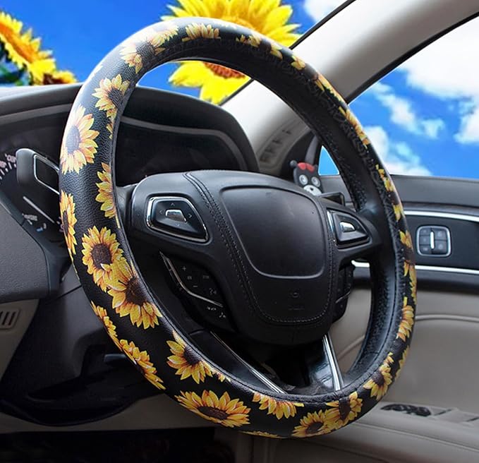 Dotesy Leather Flowers Car Steering Wheel Cover, Fashion Floral Steering Wheel Protector Universal for 36-38cm Anti Slip Auto